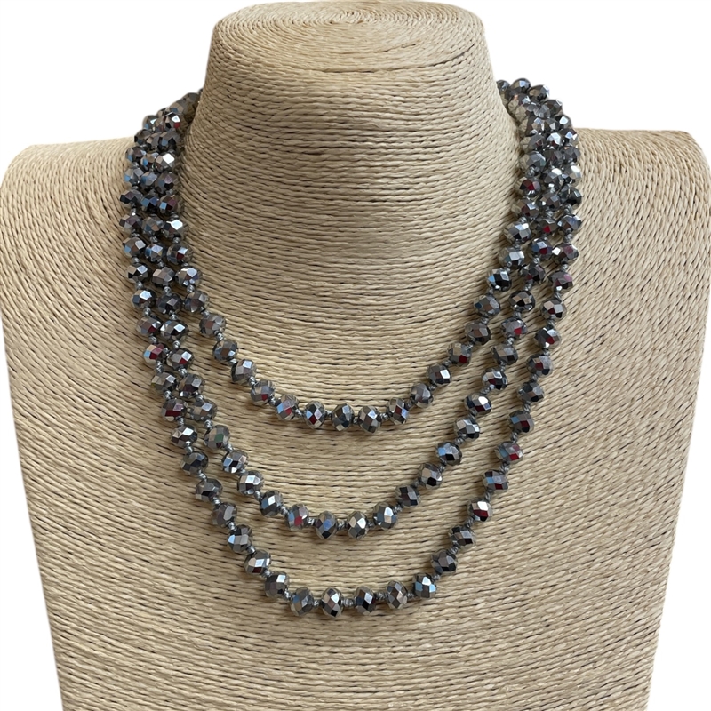 CN608SM ''60'' 8MM GRAY CORD METALLIC SILVER CRYSTAL NECKLACE