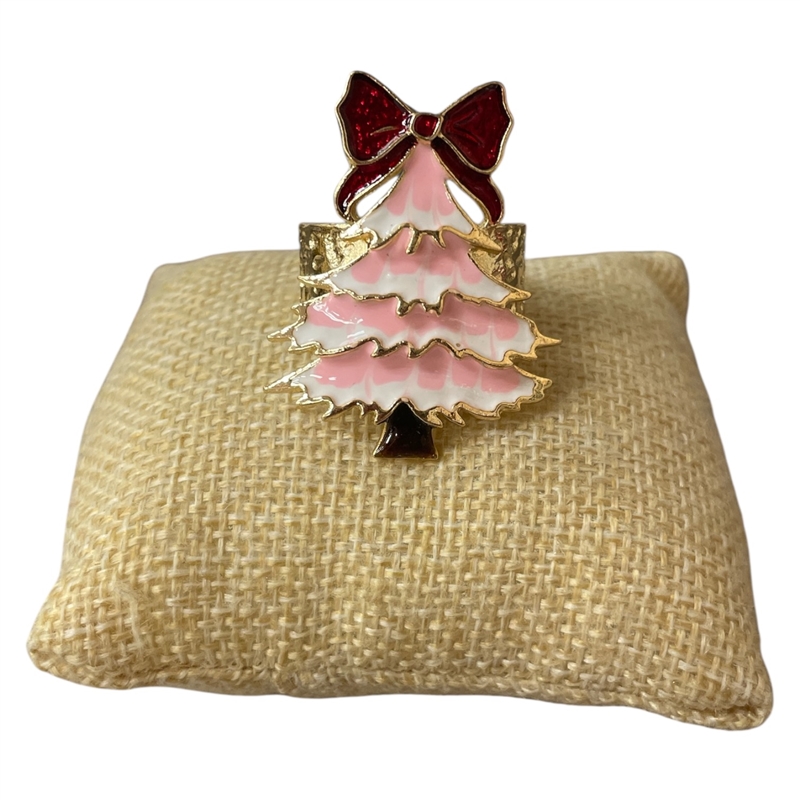 CR9019PK RED BOW XMAS PINK TREE STRETCH RING