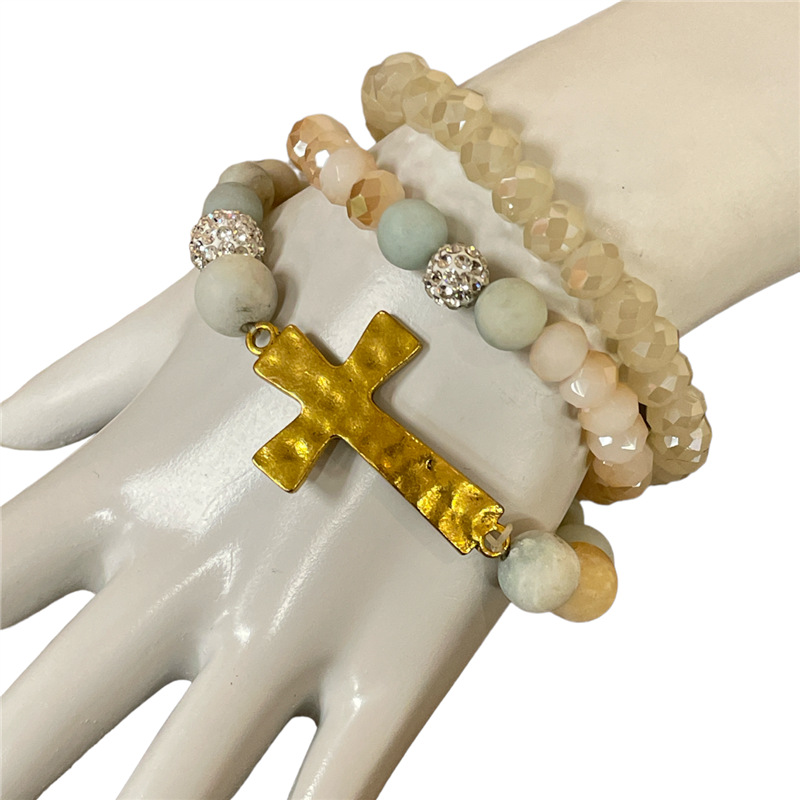 CSB009 HAMMERED CROSS STONE AND CRYSTAL BRACELET SET