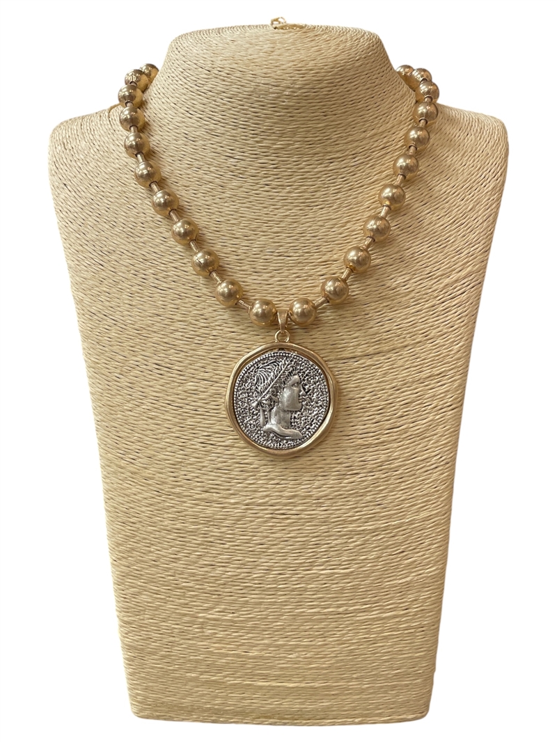 DGN2005 BEADED HAMMERED CAESAR COIN NECKLACE