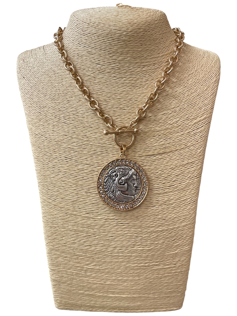 DGN2007 TWO TONE RHINESTONE COIN TOGGLE NECKLACE