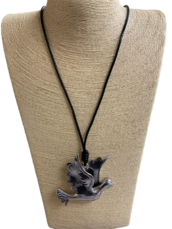 DM0183 WHITE DOVE LONG BLACK LEATHER  CORD NECKLACE