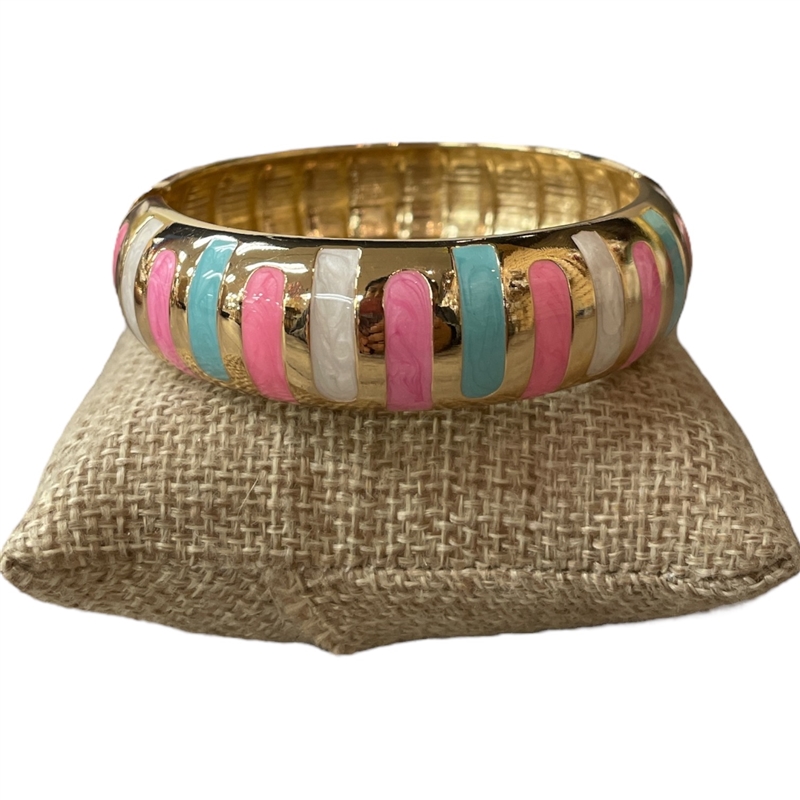DRO100 STRIPED PINK MULTI ENAMEL GOLD CHUNKY BRACELET