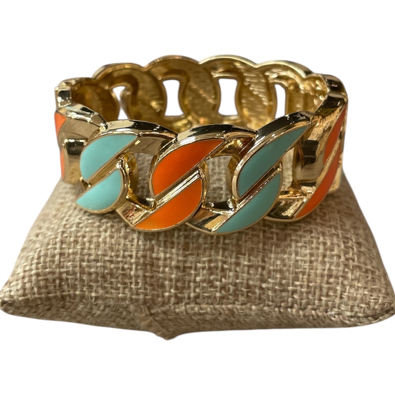 DRO971 ORANGE & BABY BLUE ENAMEL CHUNKY GOLD LINK BRACELET
