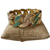 DRO981 CREAM & AQUA ENAMEL CHUNKY GOLD LINK BRACELET