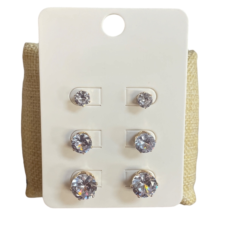 E30367 ROUND CLEAR 3 PAIR STUD EARRINGS SET