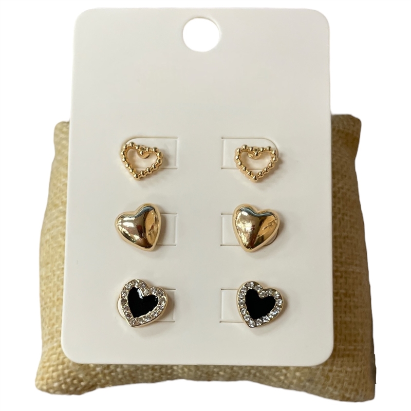 E30537 GOLD HEART MULTI 3PC SET STUD EARRINGS
