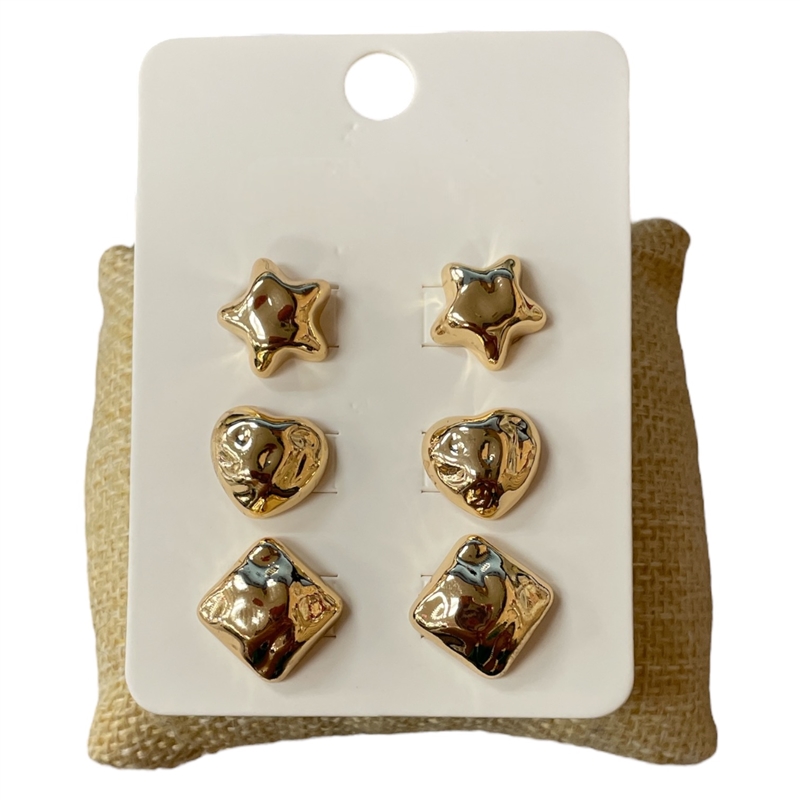 E30601 SHINY HAMMERED STAR MULTI 3PC SET STUD EARRINGS