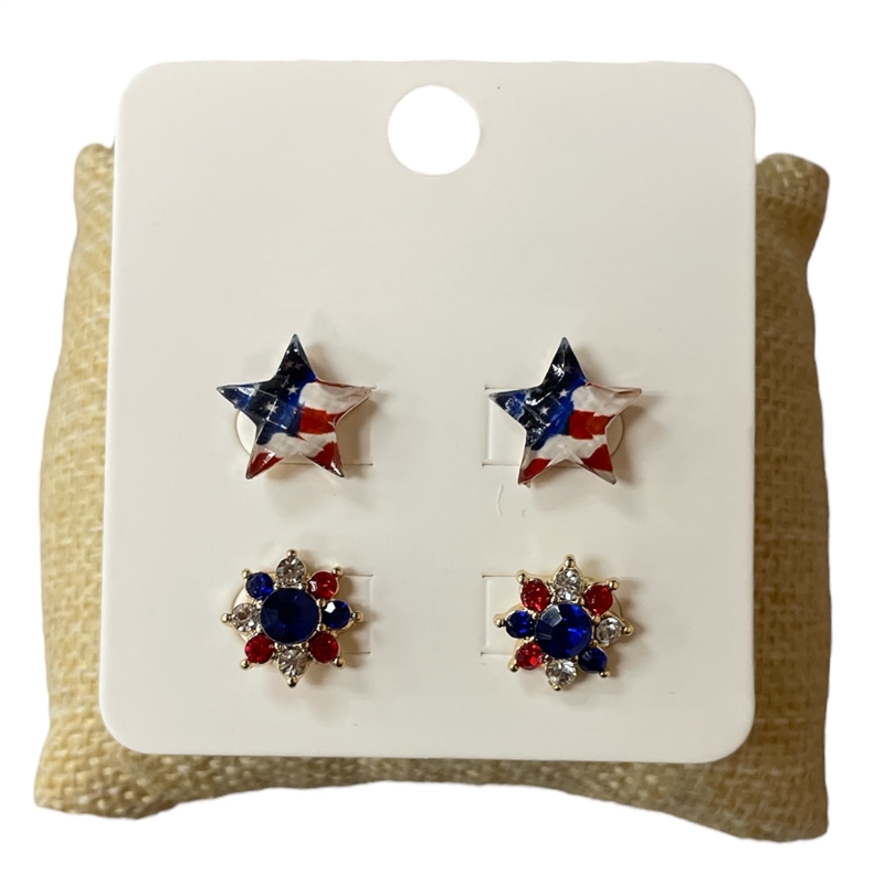 E30717 EMERICAN FLAG STAR 2 PC SET STUD EARRINGS