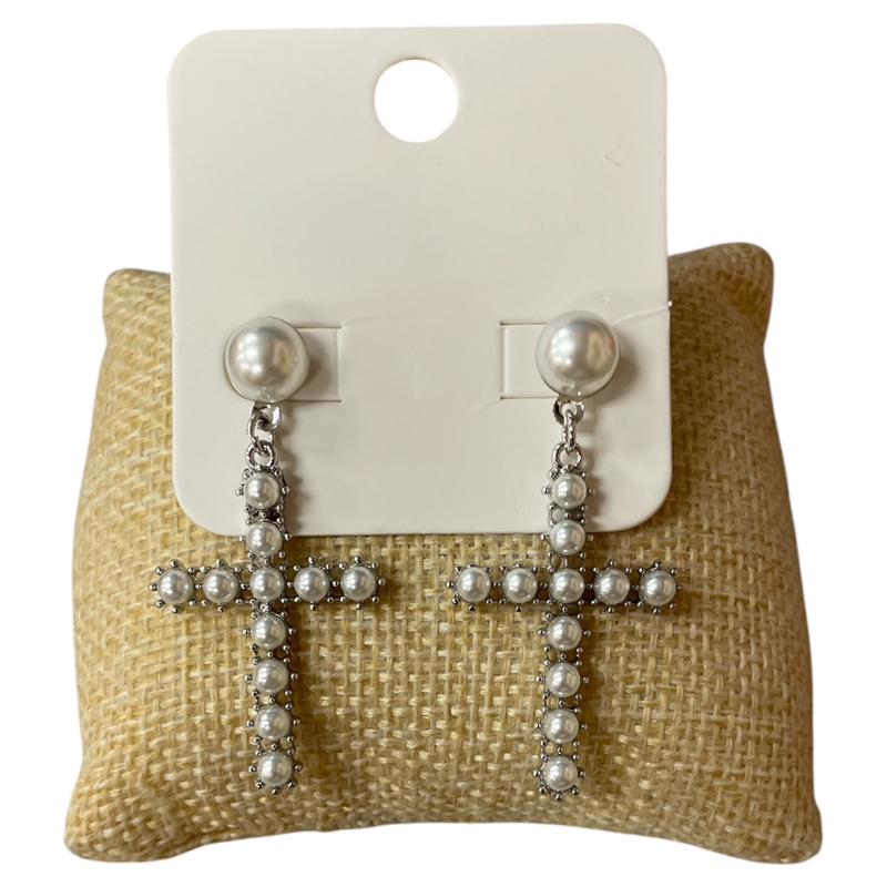 E30853 SILVER CROSS PEARL EARRINGS