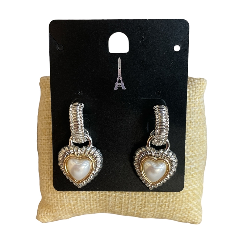 E4678 SILVER PEARL HEART & HOOP EARRING