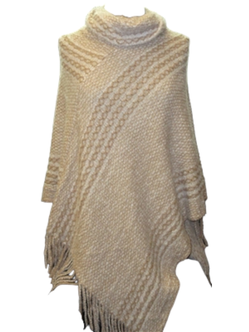 EAPC9998-2 BEIGE TURTLE NECK FRINGE PONCO