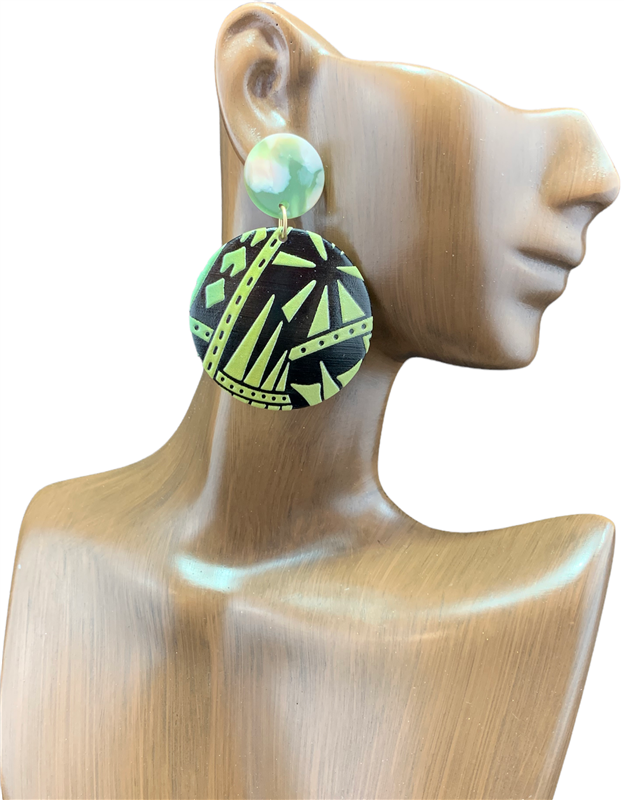 EJ72636 ABSTRACT GREEN ROUND ACRYLIC POST DANGLE EARRINGS