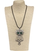 EN045 SILVER GREEN STONE EYES OWL LONG NECKLACE