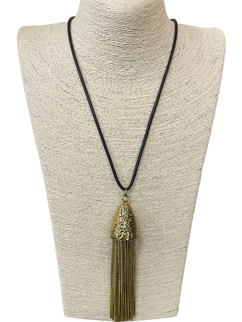 EN10372 ANTIQUE CHAIN TASSEL  LEATHER CORD NECKLACE