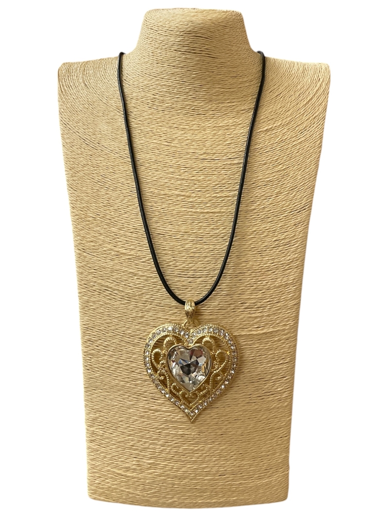 EN11020 ANTIQUE CRYSTAL CENTER GOLD HEART LONG NECKLACE