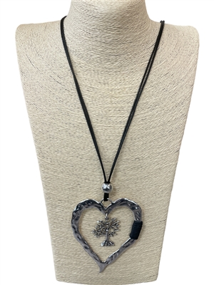 EN12855 HAMMERED HEART TREE OF LIFE IN CENTER  LONG NECKLACE