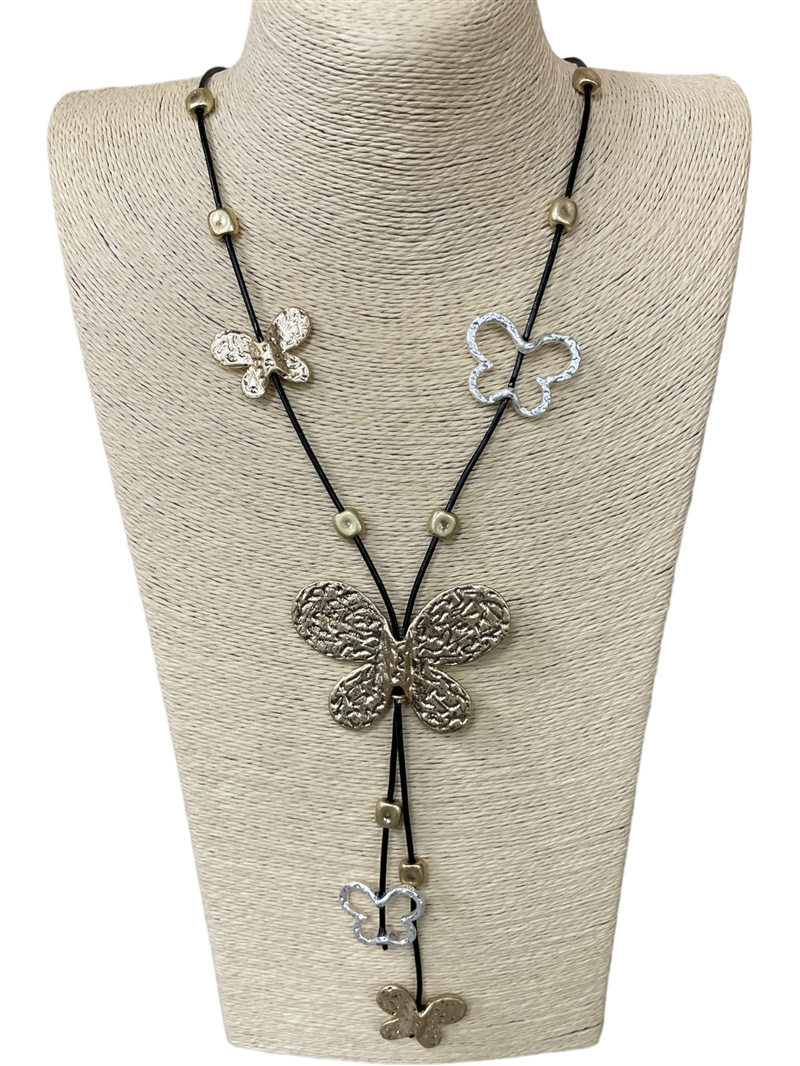 EN15448T  HAMMERED TWO TONE BUTTERFLY LONG NECKLACE