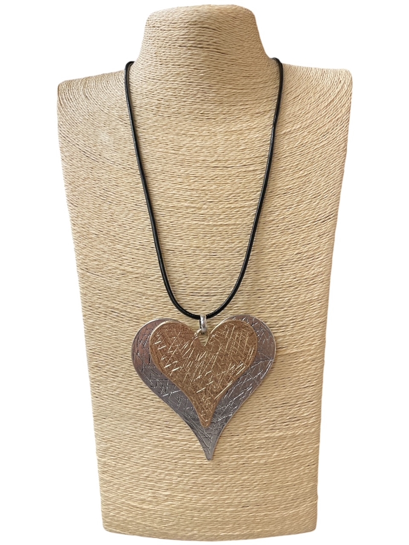 EN19639  TWO TONE DOUBLE HEART NECKLACE