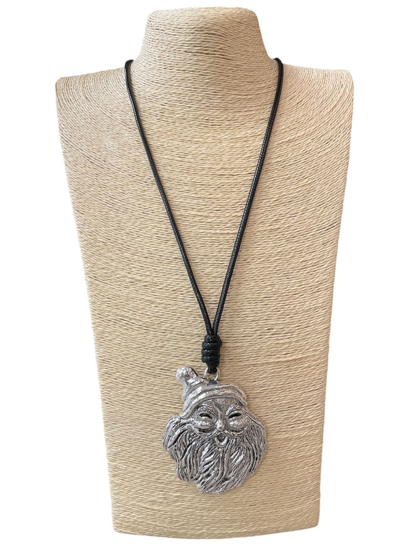 EN19899  ANTIQUE SILVER SANTA HEAD BLACK LONG CORD NECKLACE