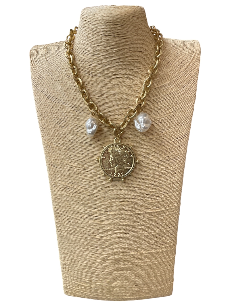 EN19904 LARGE GOLD LIBERTY COIN PEARL DROP NECKLACE