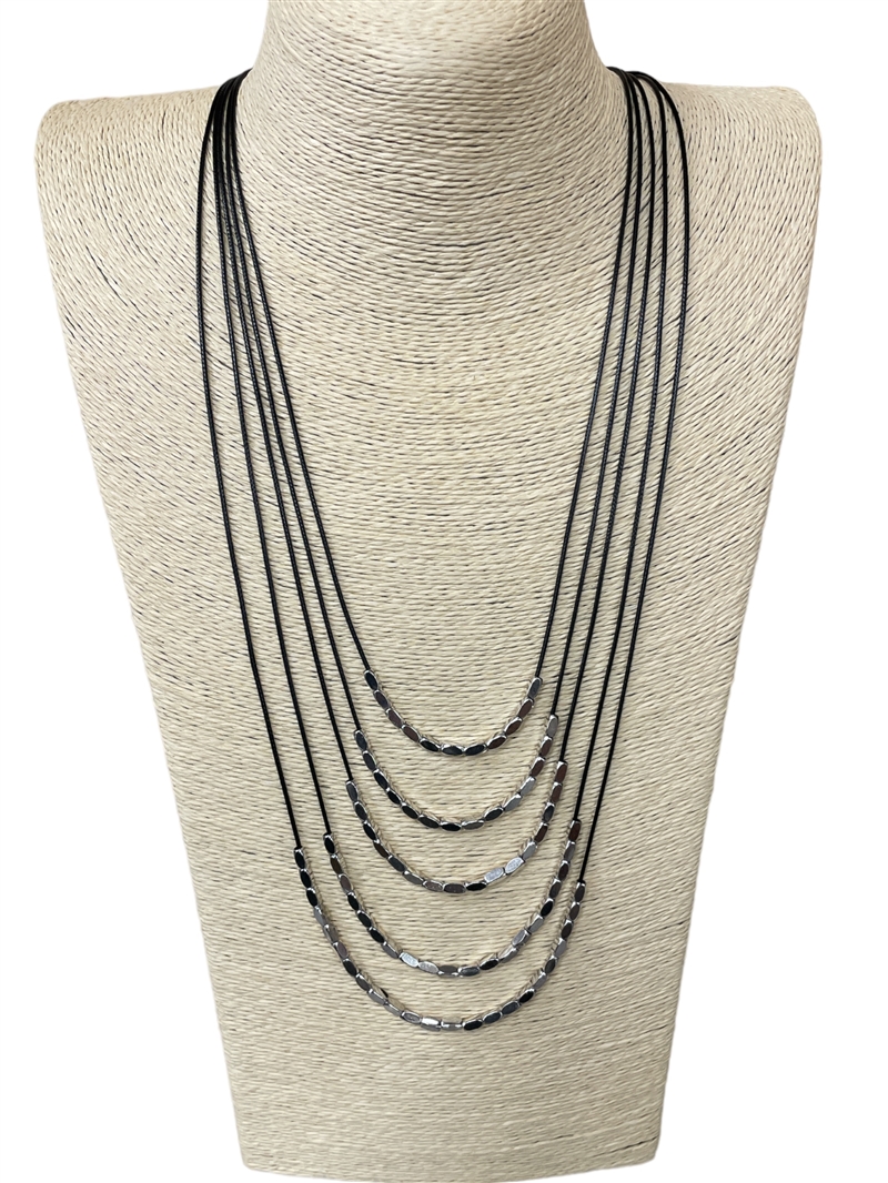 EN23376  SILVER BEADED LAYERED LONG NECKLACE