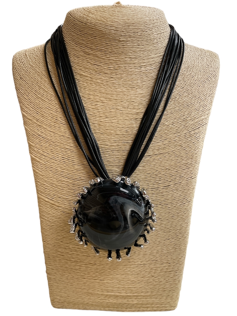 EN24247BK BLACK STONE SILVER SHORT NECKLACE
