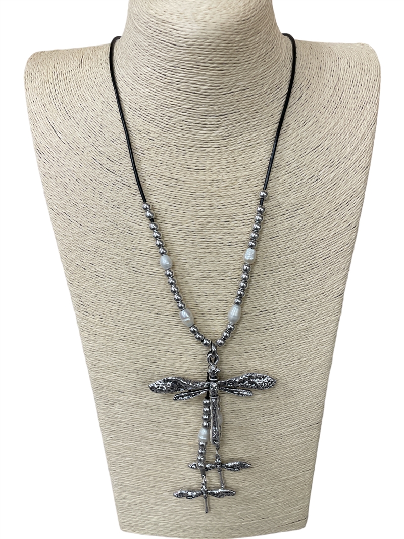 EN26712  DRAGONFLY & PEARL LONG NECKLACE