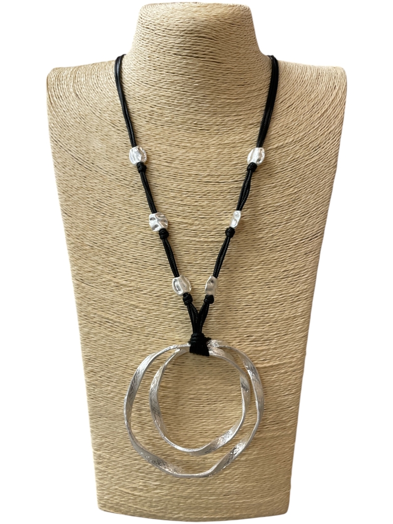 EN30054 MATTE SILVER TWISTED DOUBLE CIRCLE LONG NECKLACE