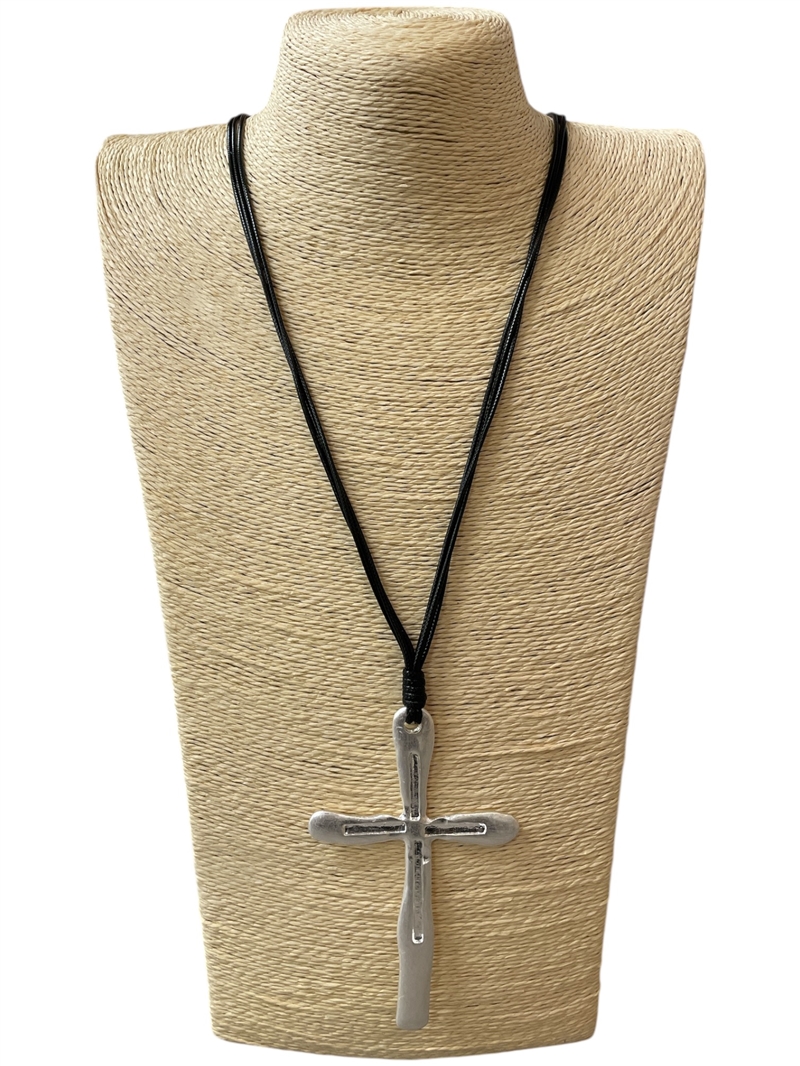 EN30349 MATTE SILVER THIN CROSS LONG NECKLACE