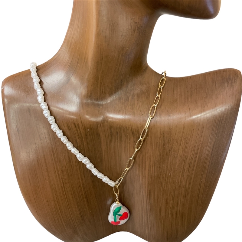 EN305RD   16'' CHAIN  PEARL CHERRY  NECKLACE