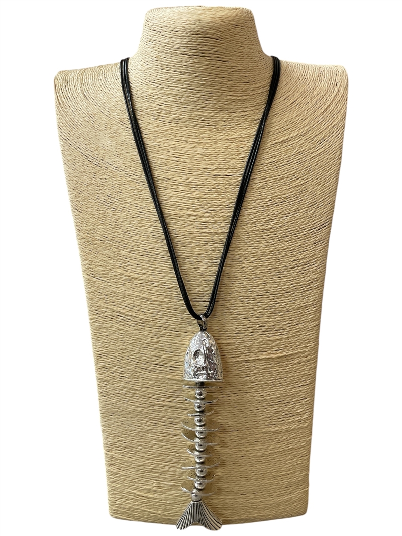 EN32926 HAMMERED BEADED FISH BONES LONG NECKLACE
