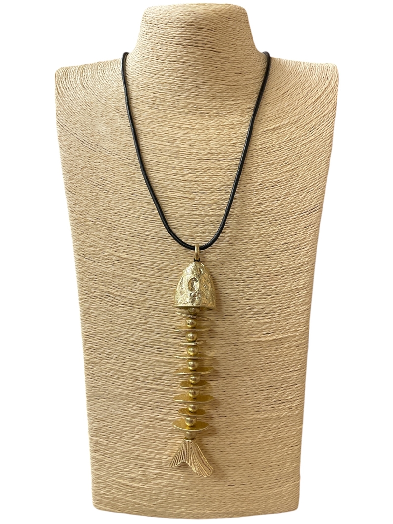 EN32926 HAMMERED BEADED FISH BONES GOLD LONG NECKLACE