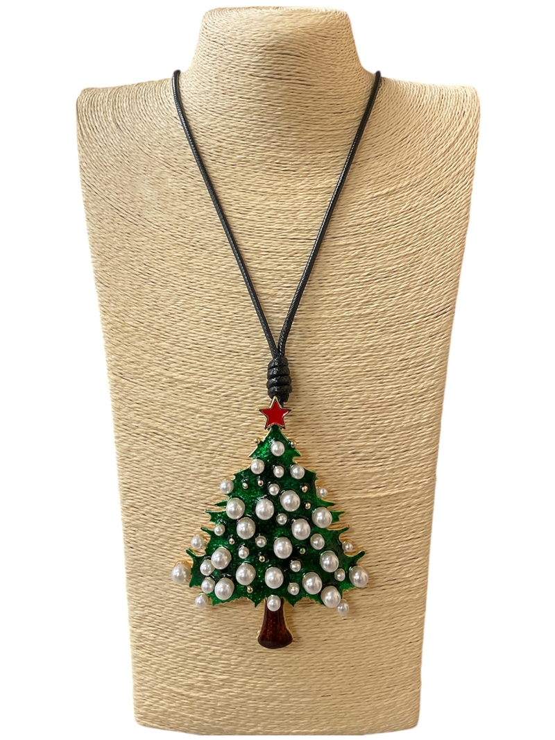 EN34630  GREEN TREE WITH PEARL LONG CORD NECKLACE
