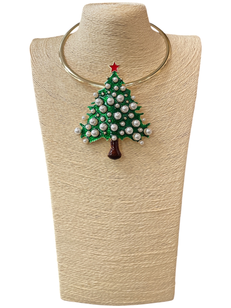 EN34632 -1G  GREEN TREE WITH PEARLS  SHORT NECKLACE