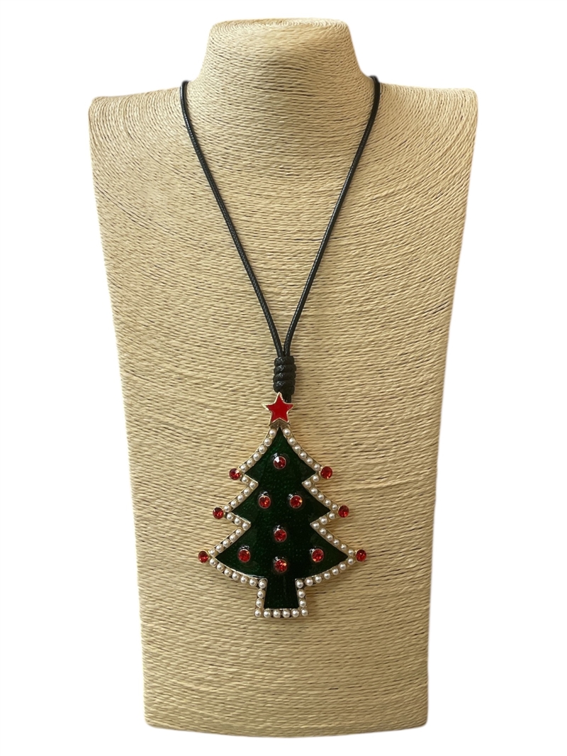 EN34632G  GREEN TREE & PEARLS LONG CORD NECKLACE
