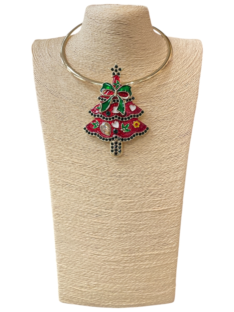EN34633-1R  RED & GREEN TREE  SHORT NECKLACE