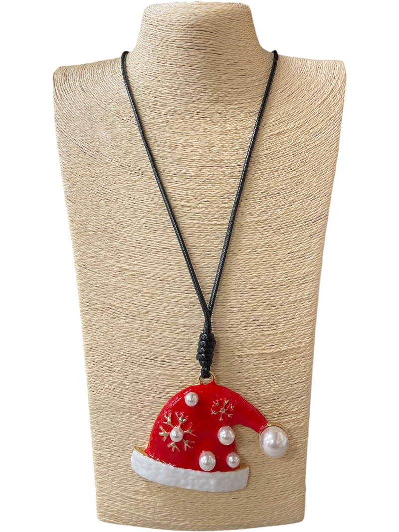 EN34898 PEARLS RED SANTA'S HAT LONG CORD NECKLACE
