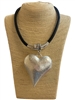 EN35421 SILVER CHUNKY HEART LEATHER CORD NECKLACE