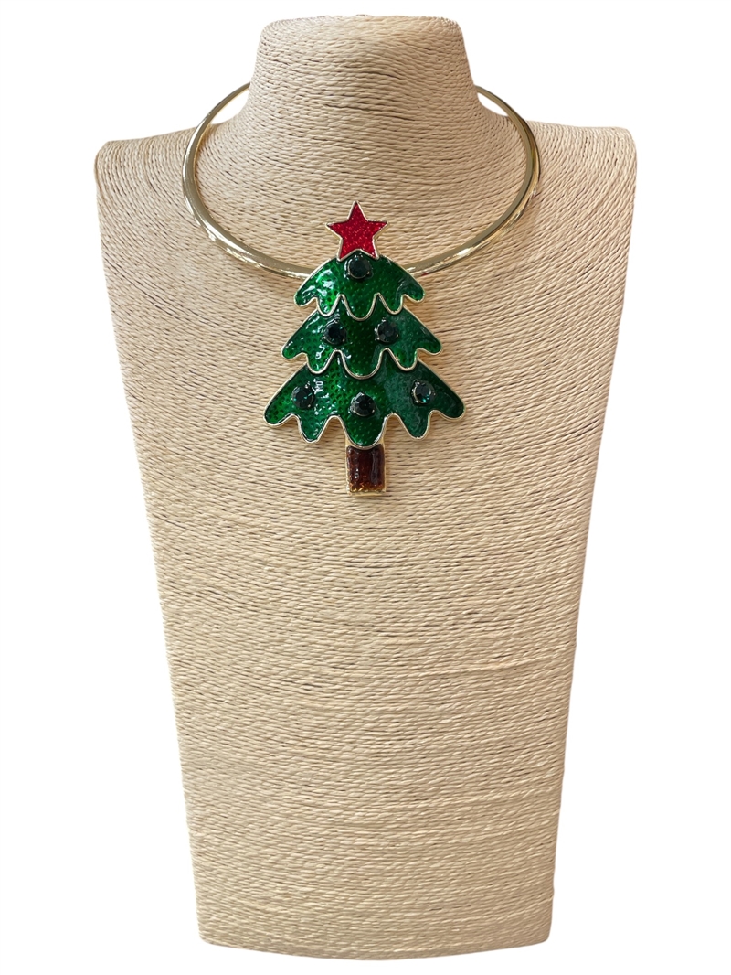 EN40001-1G   GREEN TREE  WITH CRYSTAL STONE SHORT NECKLACE