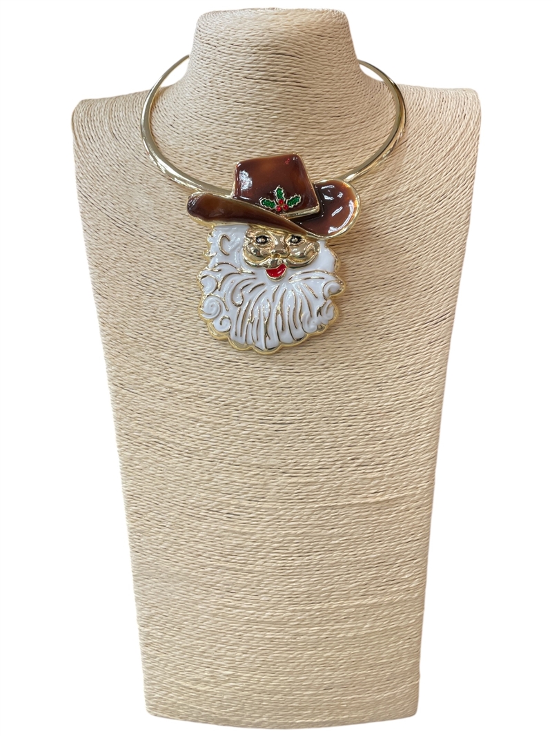 EN40006-1G  BROWN HAT COWBOY SANTA SHORT NECKLACE