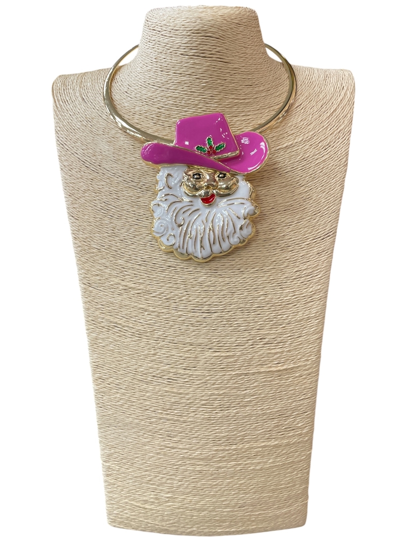 EN40006-1P  PINK HAT COWBOY SANTA SHORT NECKLACE