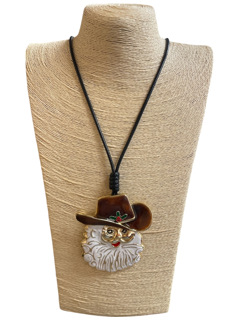 EN40006  BROWN HAT COWBOY SANTA LONG CORD NECKLACE