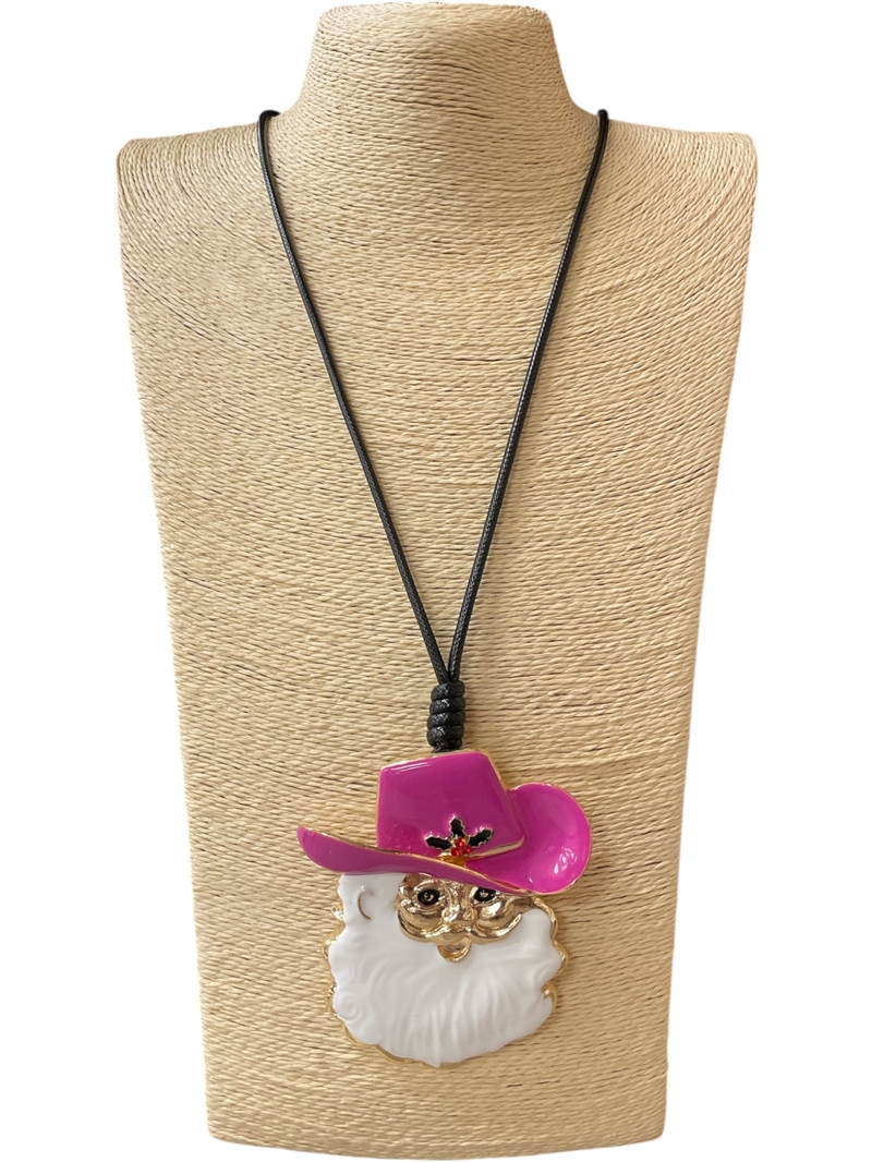 EN40006  PINK HAT COWBOY SANTA LONG CORD NECKLACE