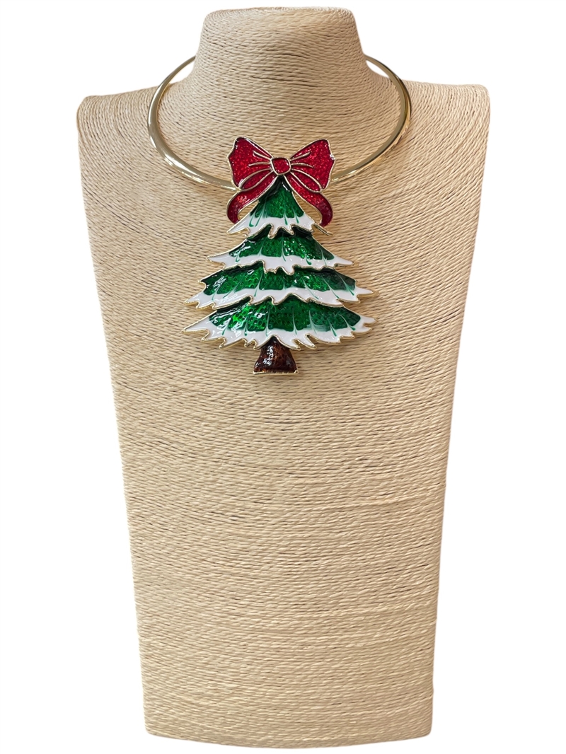 EN40008-1G   RED BOW & GREEN TREE SHORT NECKLACE