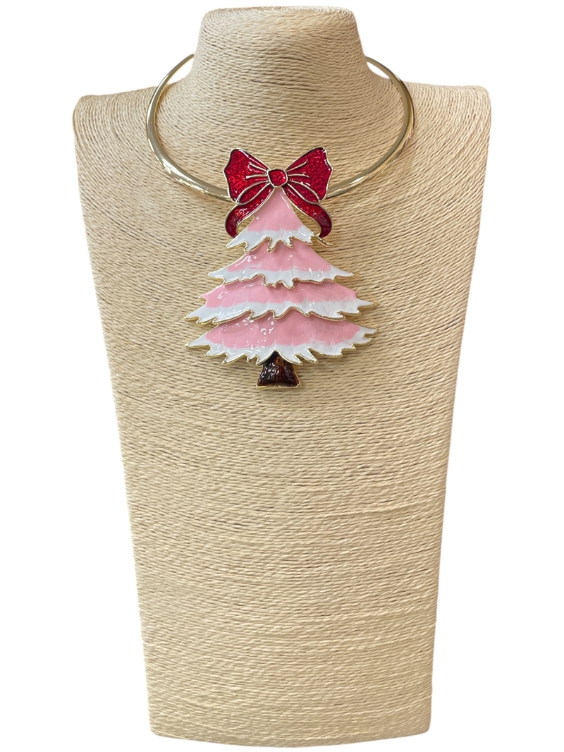 EN40008-1P   RED BOW & PINK  TREE SHORT NECKLACE