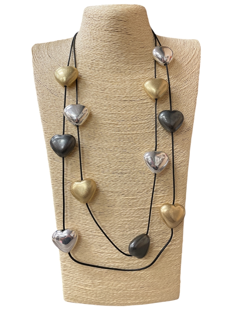 EN40018 TRI COLOR HEARTS MULTI-LAYER LONG NECKLACE