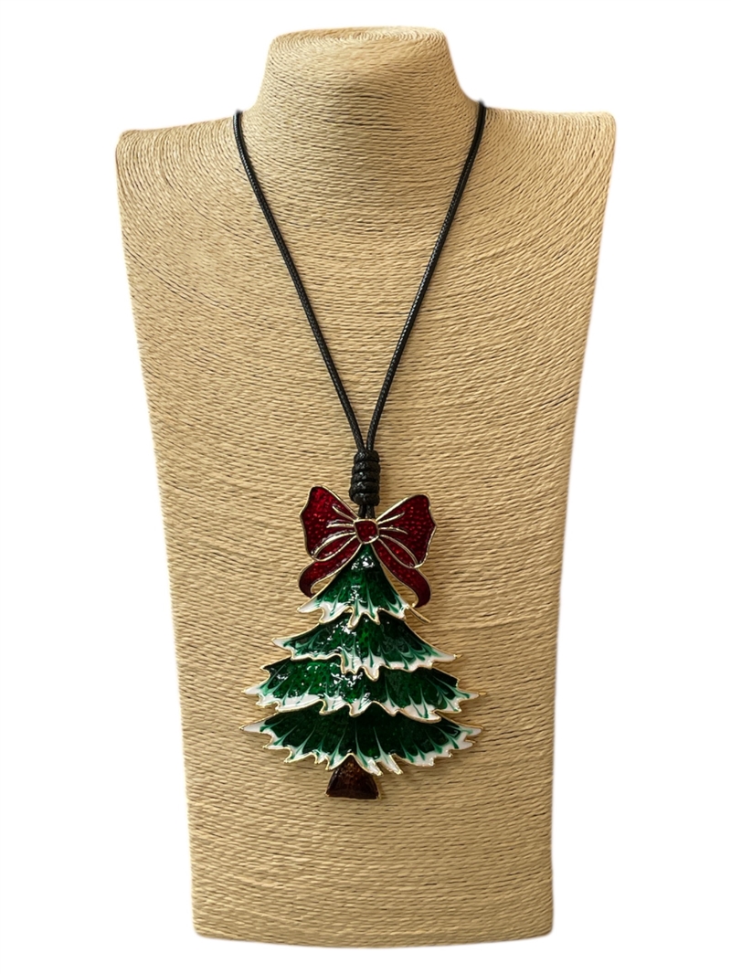 EN4008G  RED BOW & GREEN  TREE  LONG CORD NECKLACE
