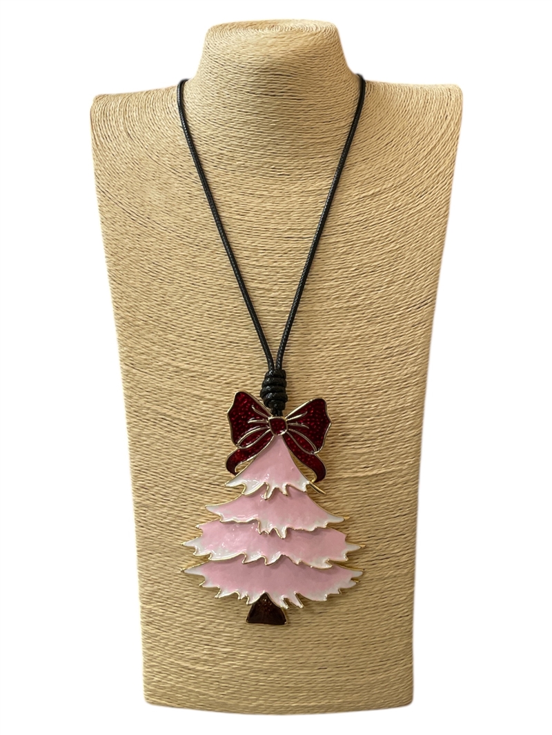 EN4008P  RED BOW & PINK TREE  LONG CORD NECKLACE