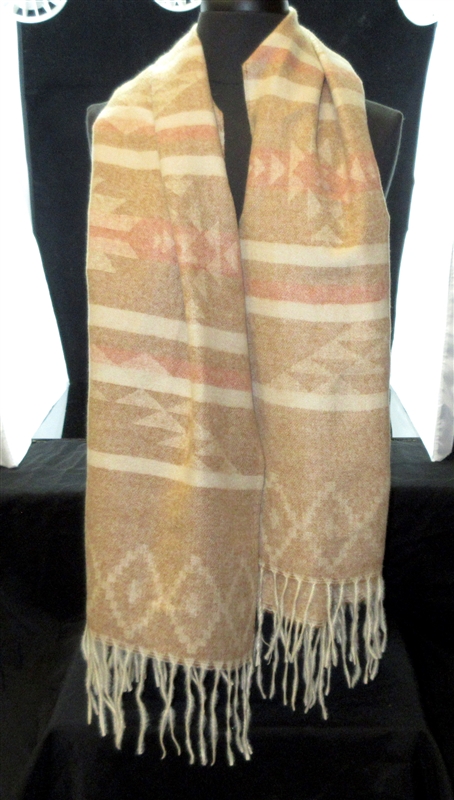 ESC10110-2 BEIGE TRIVAL PATTERN FRINGE LONG SCARF